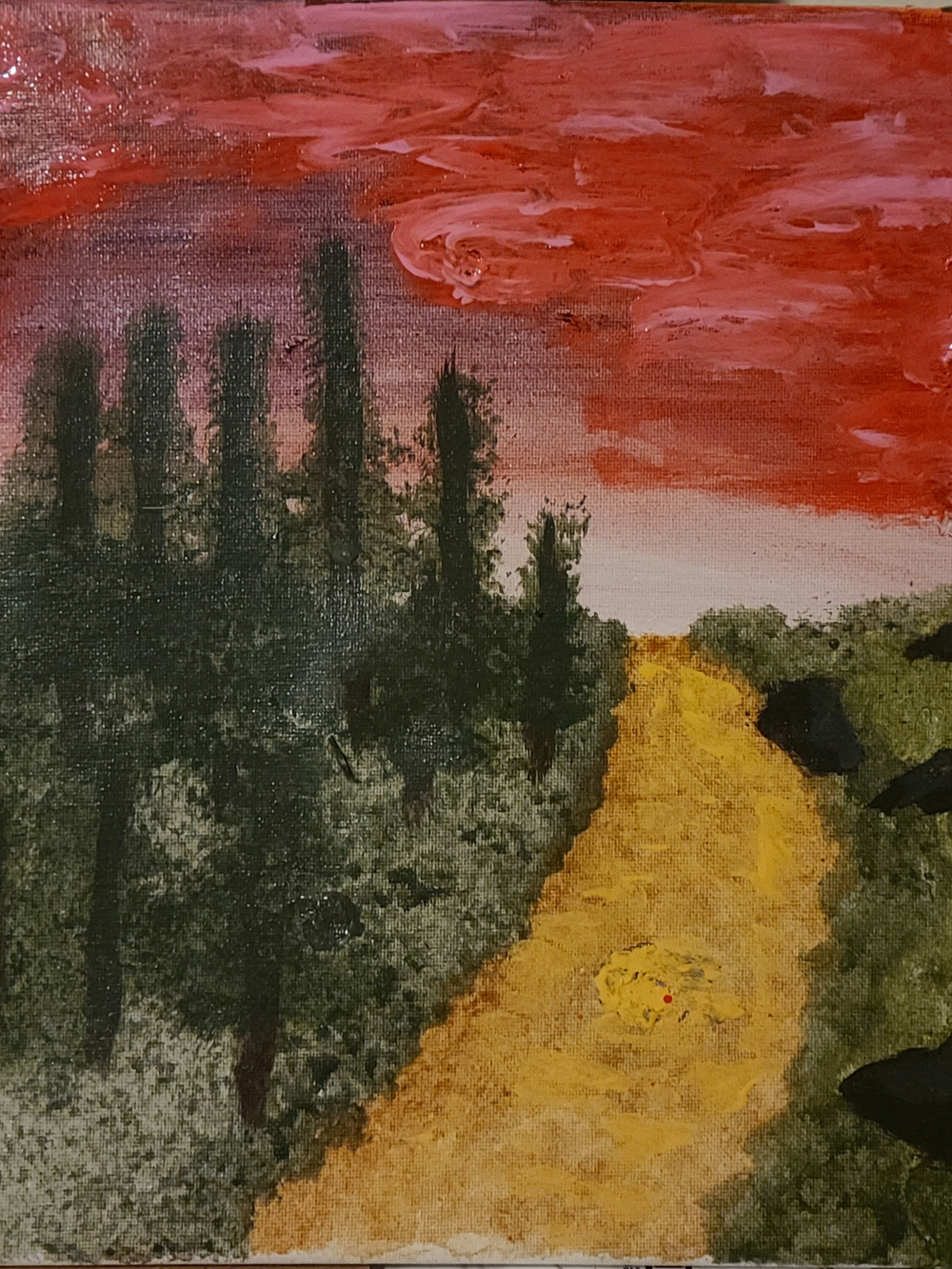 Source Unknown - Red Sky Landscape with Green Trees and Yellow Path